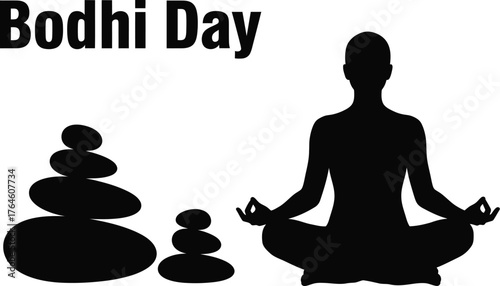 Bodhi day illustration, featuring a meditating figure and stacked stones, symbolizing enlightenment and mindfulness