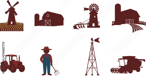 Farming icons, agriculture tools, barn, tractor, windmill, farmer, pitchfork, silo, combine harvester, rural life, countryside, crop field, weather vane, plow, agricultural machinery