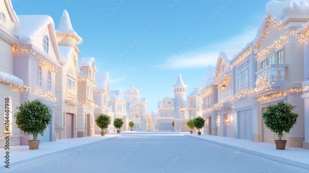 Obraz premium Enchanted Winter Village with Snow-Covered Streets and Twinkling Holiday Lights