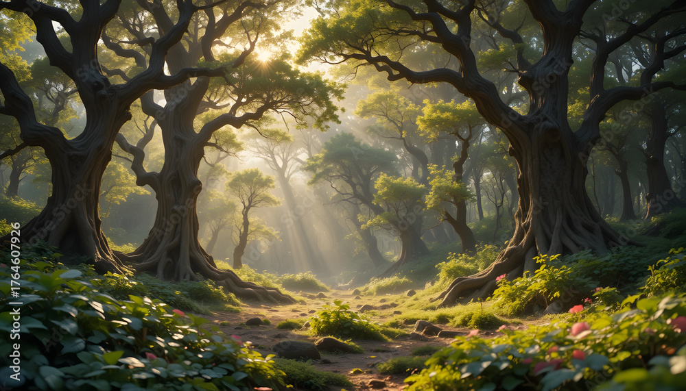 Fototapeta premium Enchanted forest clearing warm sunlight through twisted oak and towering pine canopy