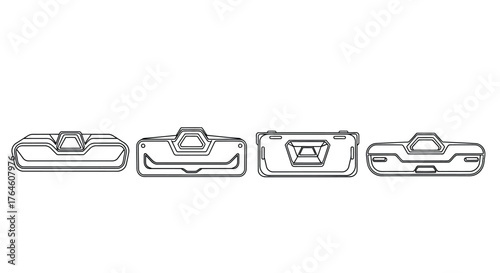 Four robotic vacuum cleaners lined up side by side line drawing style vector