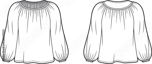 Women’s blouse flat sketch, gathered neckline design, puff sleeve garment drawing, long sleeve fashion illustration, loose fit top, cad drawing flat vector illustration