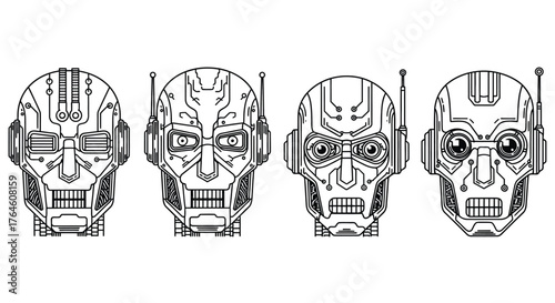 Four distinct robotic heads evolving through different futuristic designs vector