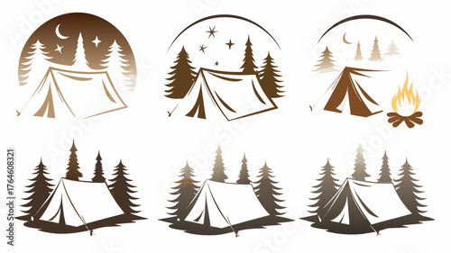 Capture the wonder of outdoor adventures with these camping tent and forest illustrations, perfect for nature lovers and travel enthusiasts