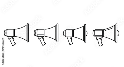 Set of four megaphone icons representing communication announcement loudspeaker and public speaking vector