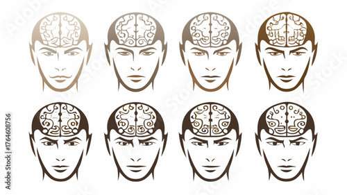 Diverse faces showcasing unique brain patterns, illustrating intelligence and creativity, perfect for psychology, education, or neuroscience projects