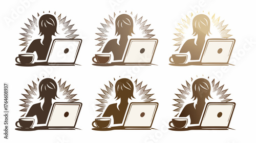 Empowered woman working remotely with laptop and coffee, radiating focus and productivity, showcasing modern digital nomad lifestyle and business success