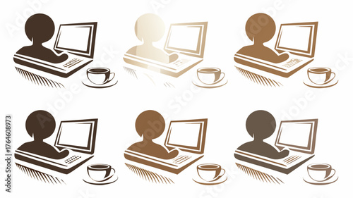 Freelancer working remotely on laptop with coffee, modern icon style representing flexible work, digital nomad lifestyle and remote productivity