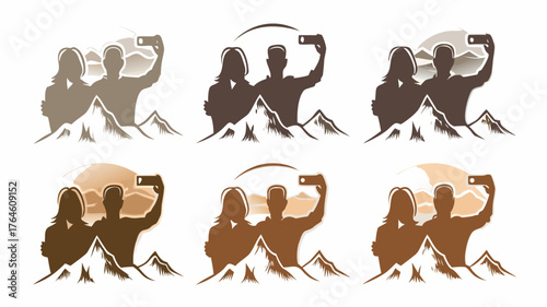 Friends capture stunning mountain adventure with a mobile phone, perfect for travel blogs or outdoor gear advertising, evoking joy and shared experiences