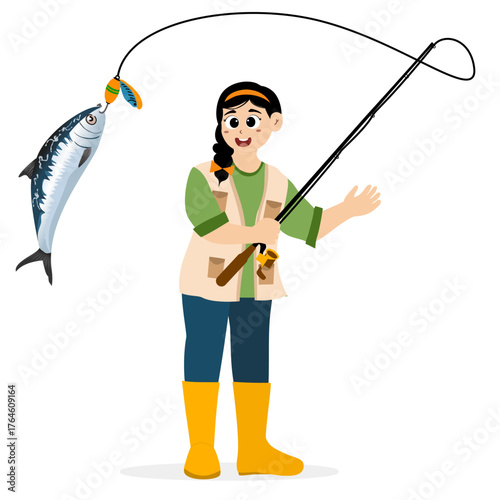 Fishing vector illustration. Fisherwomen and fish. Concept illustration of a person fishing. Fishing hobby activity. People fishing in a pond, lake, or river