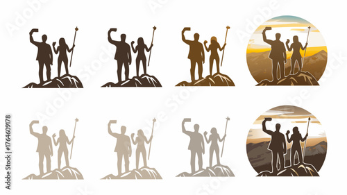 Celebrate Victory: Couple Taking Selfie on Mountain Peak, Modern Achievement, Symbolic Triumph, Successful Hike, Adventure Together, Conquering Challenges