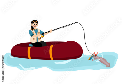 Fishing vector illustration. Fisherwomen and fish. Concept illustration of a person fishing. Fishing hobby activity. People fishing in a pond, lake, or river