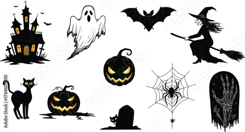 Halloween illustration, haunted house, ghost, bat, witch, black cat, jack-o'-lantern, spider web, tombstone, skeleton hand, spooky scene, scary night, festive design, horror theme, trick or treat