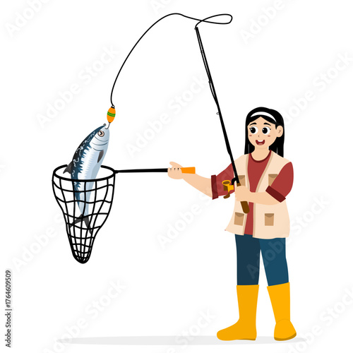 Fishing vector illustration. Fisherwomen and fish. Concept illustration of a person fishing. Fishing hobby activity. People fishing in a pond, lake, or river