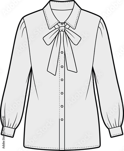 Women’s blouse flat sketch, bow tie collar design, button down shirt vector, long sleeve garment drawing, tailored fashion illustration, cad drawing flat vector illustration