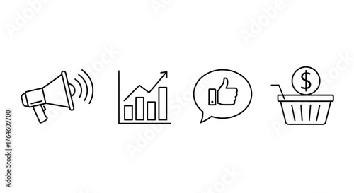 Collection of hand drawn icons representing marketing growth sales and social media engagement vector