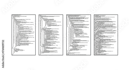 Four detailed technical schematics with columns of text and diagrams vector