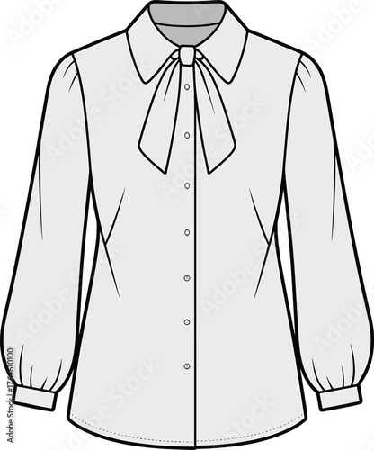 Women’s blouse flat sketch, bow tie collar design, button down shirt vector, long sleeve garment drawing, fashion illustration, cad drawing flat vector illustration
