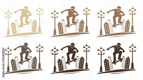 Skateboarder silhouette soars above cityscape, a dynamic symbol of urban freedom and youthful energy, perfect for branding, apparel, or action sports marketing