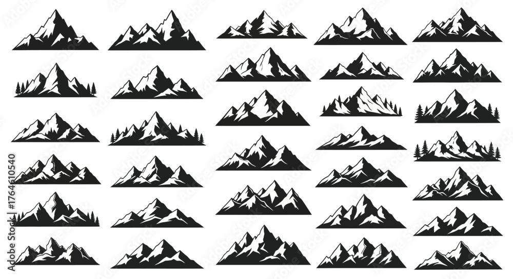 Naklejka premium A diverse collection of black and white vector mountain icons and silhouettes, perfect for adventure logos and outdoor branding