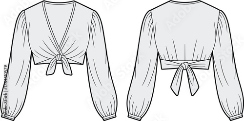 Women’s cropped wrap blouse flat sketch, deep V-neck design, puff sleeve garment drawing, tied waist fashion illustration, cad drawing flat vector illustration