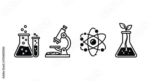 Science icons set with flasks microscope atom and plant for research and education concepts vector