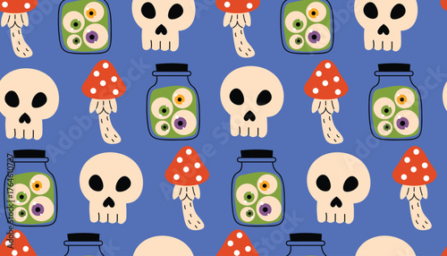 Cute Halloween seamless pattern with skull, fly agaric, and jar with eyeballs on dark blue background in flat cartoon style.
