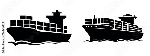 Striking Cargo Ship Silhouette with Stacked Containers Vector Illustration. Ideal for Global Logistics, Maritime Shipping, Freight Transport, and International Trade Design.