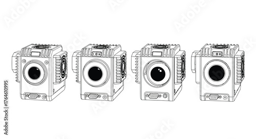 Set of four hand drawn washing machine illustrations showing different angles for laundry appliance design vector