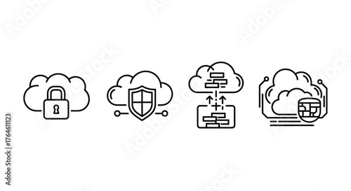 Secure cloud computing icons with lock shield server and firewall symbols vector