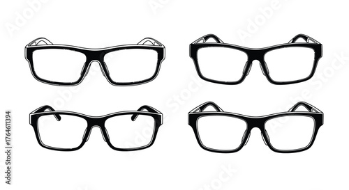 Four pairs of black rimmed eyeglasses displayed in a grid for vision and style vector