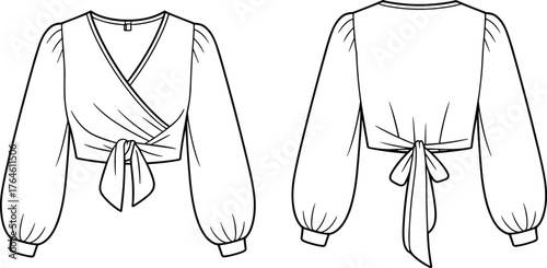 Women’s wrap blouse flat sketch, deep V-neck design, puff sleeve garment drawing, tied waist fashion illustration, cad drawing flat vector illustration