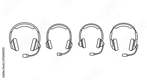 Four hand drawn microphone headsets in a row sketch style for communication and gaming vector