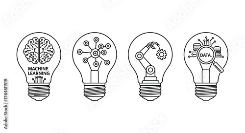 Four light bulbs representing innovation ai machine learning robotics and futuristic technology concepts vector