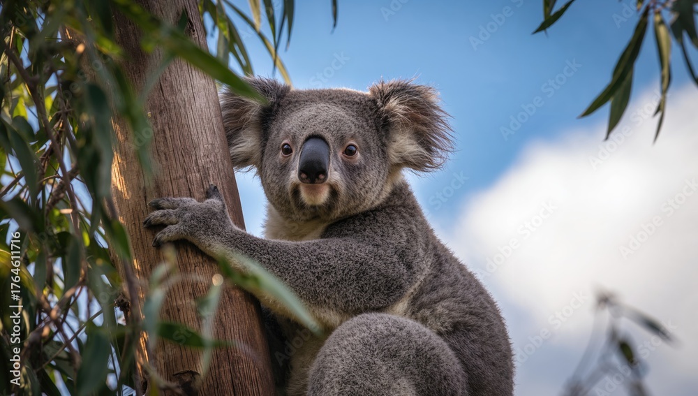 Obraz premium Koala perched on a eucalyptus branch, looking at the lens