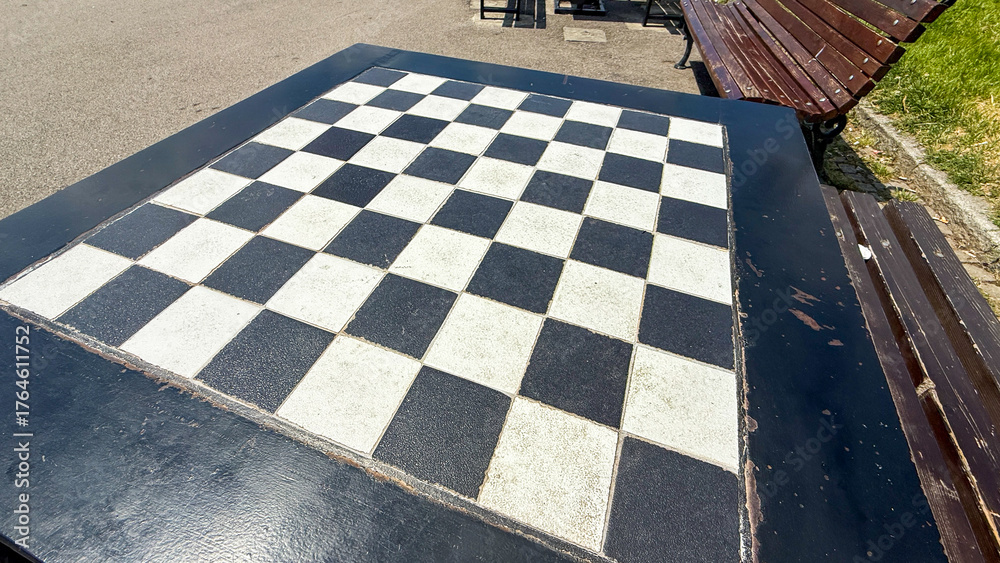 Φωτογραφία A sunlit outdoor chessboard awaits spirited battles, symbolic of International C