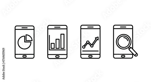 Mobile analytics icons showing financial growth charts and magnifying glass search vector