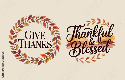 Beautiful autumn wreath design with thankful and blessed lettering.