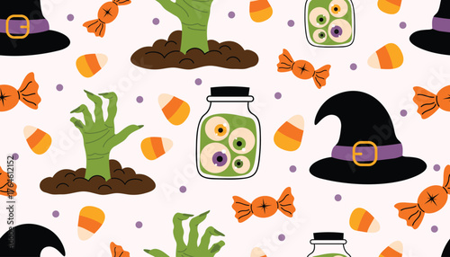 Cute Halloween seamless pattern with zombie hands, eyeballs in bottles, candy corns, lollipops, witch hats and dots in flat cartoon style.