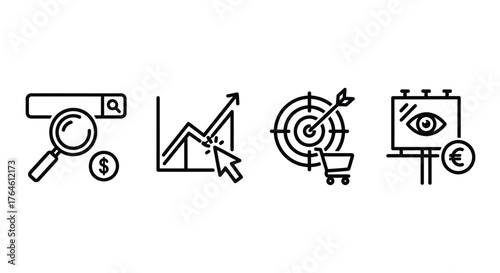 Digital marketing icons featuring search magnifying glass graph target and billboard for online business growth vector