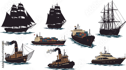 Ship silhouettes, sailing vessels, cargo ships, fishing boats, steam tugboat, luxury yacht, maritime transport, nautical icons, ocean travel, marine design