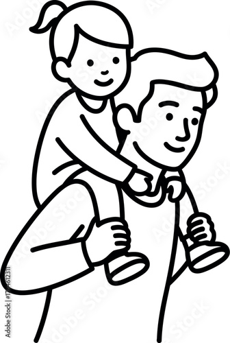 Happy father carrying his young daughter on his shoulders in a simple line drawing style