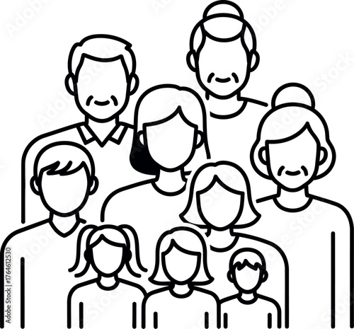 Stylized line art illustration of a diverse multi generational family group standing together