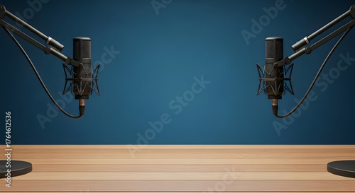 Two professional studio microphones on a wooden table ready for a podcast or broadcast.