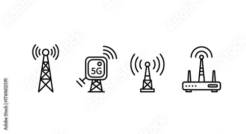 Collection of wireless communication tower icons and router representing cellular networks vector