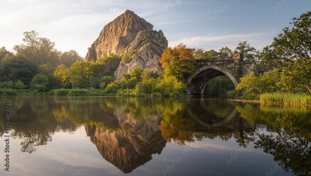 Fototapeta premium The Water Mirrors the Stone and Tiny Bridge