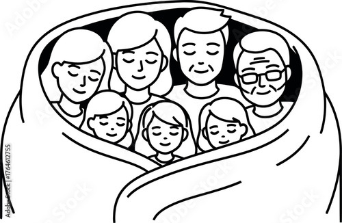 Happy multi generational family bundled together under a warm blanket in a cozy embrace