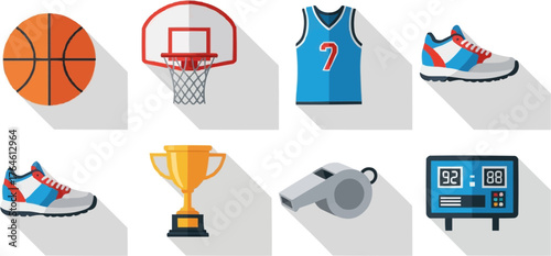 Set of basketball icons featuring shoes, ball, hoop, trophy, and scoreboard. Ideal for sport, training, and competition graphic designs with modern flat style.
