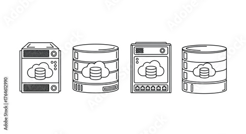 Hand drawn server racks and database icons representing cloud computing and data storage concepts vector