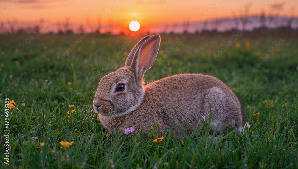 Fototapeta premium Oryctolagus cuniculus relaxing on grass during sunset with a scenic meadow background